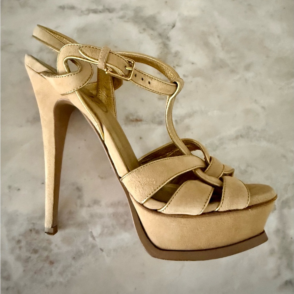 Yves Saint Laurent YSL Tribute Beige Tan Suede Gold Trim Platform Heels 37.5 - Picture 13 of 16